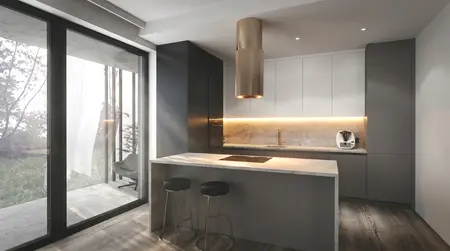 Nowoczesna kuchnia w stylu quiet luxury z szarymi meblami i białym blatem.