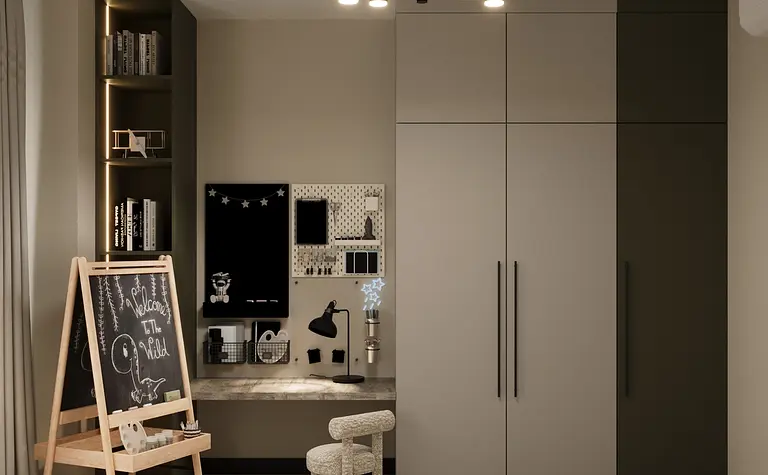 Pokój dziecięcy w stylu eklektycznym z minimalistycznym biurkiem i glamour akcentami.