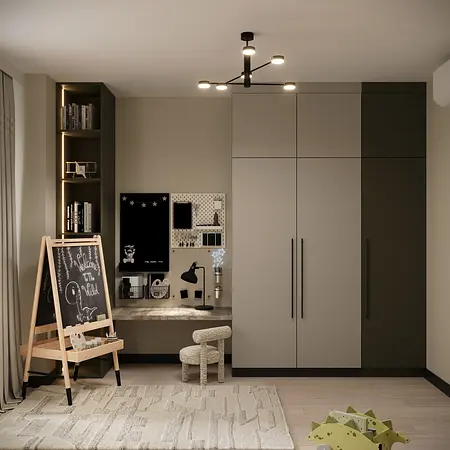 Pokój dziecięcy w stylu eklektycznym z minimalistycznym biurkiem i glamour akcentami.