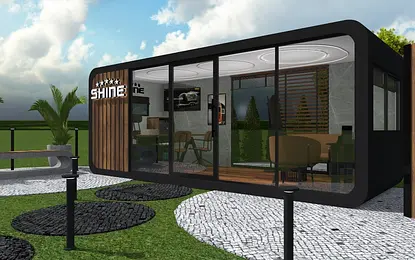 Wnętrze nowoczesnego biura z elementami dopamine decor i industrialnym stylem.