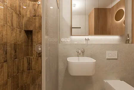 Łazienka w stylu boho i japandi z brązowymi płytkami i minimalistycznymi akcentami.