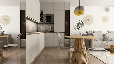 Wnętrze kuchni w stylu boho i skandynawskim z drewnianymi akcentami.