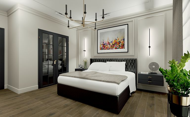 Sypialnia z tradycyjnym i współczesnym designem, duże łóżko, kolorowy obraz na ścianie.