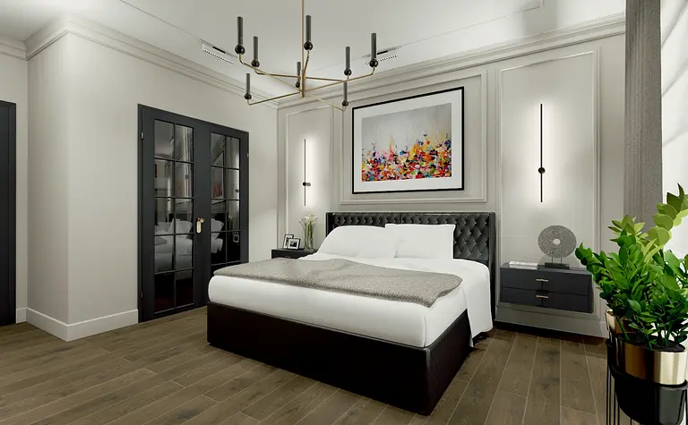 Sypialnia z tradycyjnym i współczesnym designem, duże łóżko, kolorowy obraz na ścianie.