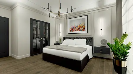 Sypialnia z tradycyjnym i współczesnym designem, duże łóżko, kolorowy obraz na ścianie.