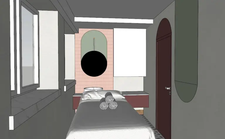 Wnętrze z łóżkiem, oknem i zielonymi elementami w stylu dopamine decor.