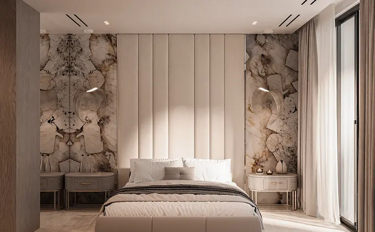 Wnętrze sypialni z nowoczesnym wystrojem, quiet luxury i współczesnym stylem.