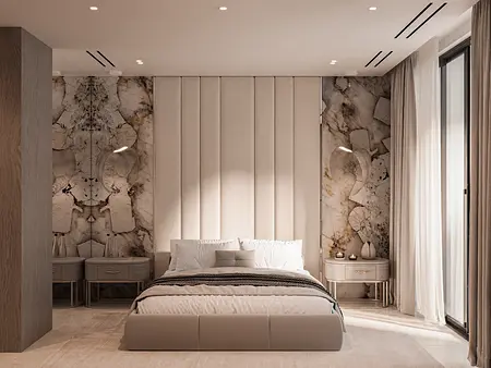 Wnętrze sypialni z nowoczesnym wystrojem, quiet luxury i współczesnym stylem.