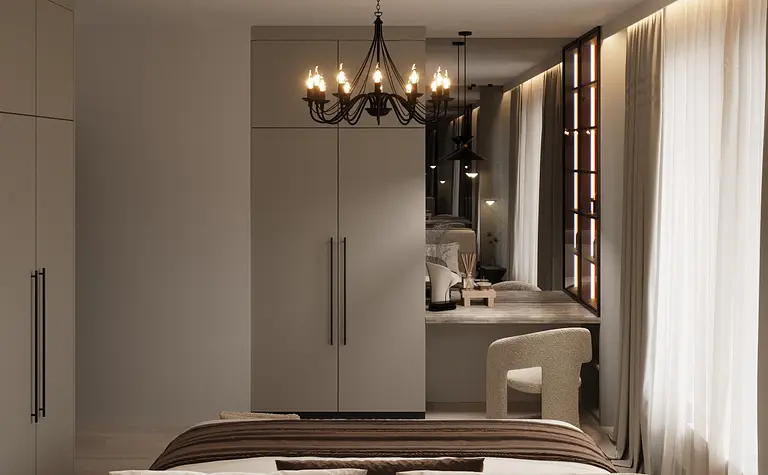 Wnętrze sypialni z eklektycznym stylem, glamour i minimalistycznym wykończeniem.