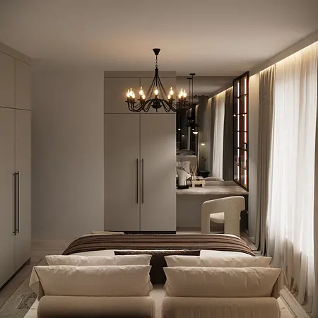Wnętrze sypialni z eklektycznym stylem, glamour i minimalistycznym wykończeniem.