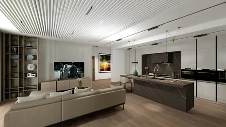 Wnętrze salonu z białą kuchnią i szarymi detalami, tradycyjny i współczesny styl.