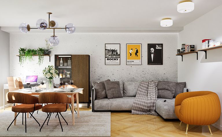 Salon z szarym narożnikiem, drewnianym stołem i nowoczesnymi akcentami.