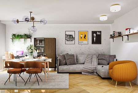 Salon z szarym narożnikiem, drewnianym stołem i nowoczesnymi akcentami.