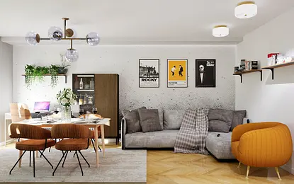 Salon z szarym narożnikiem, drewnianym stołem i nowoczesnymi akcentami.