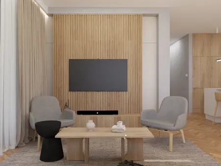 Nowoczesny salon w stylu japandi z drewnianą ścianą i szarymi meblami.