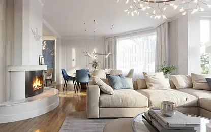 Wnętrze salonu z kominkiem, jasnymi meblami i akcentami quiet luxury.