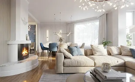 Wnętrze salonu z kominkiem, jasnymi meblami i akcentami quiet luxury.