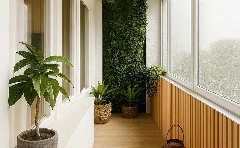 Balkon z zielonymi roślinami, drewnianą ścianką i świecą, styl industrialny.