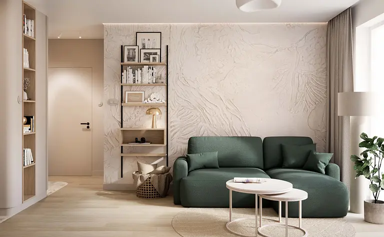Wnętrze salonu boho-japandi-minimalistycznego z zieloną sofą i drewnianymi elementami.