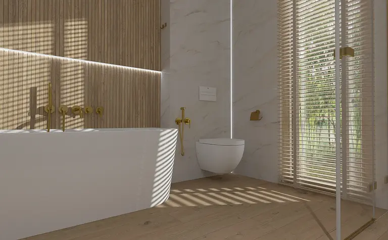 Wnętrze łazienki w stylu japandi z białą wanną i drewnianymi detalami.