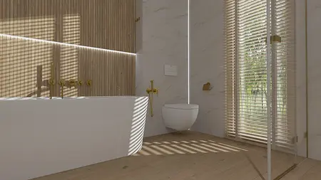 Wnętrze łazienki w stylu japandi z białą wanną i drewnianymi detalami.