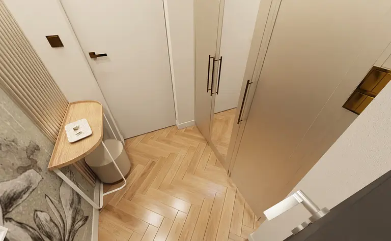 Wnętrze garderoby z lustrami, drewnianą podłogą i stylowym oświetleniem