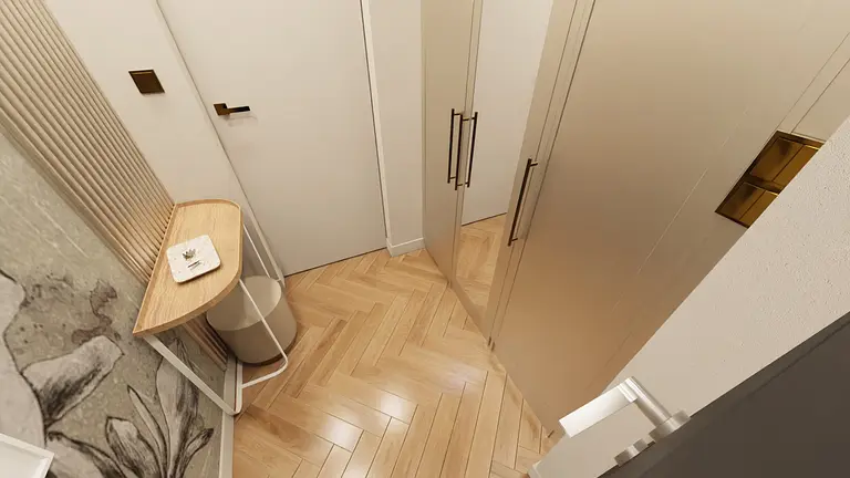 Wnętrze garderoby z lustrami, drewnianą podłogą i stylowym oświetleniem
