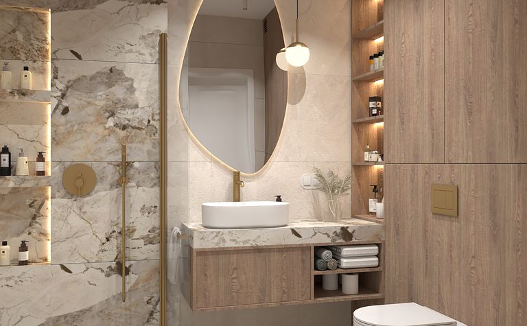 Nowoczesna łazienka z drewnianymi meblami i marmurowymi ścianami