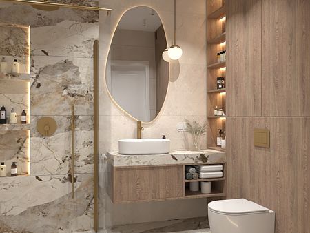 Nowoczesna łazienka z drewnianymi meblami i marmurowymi ścianami