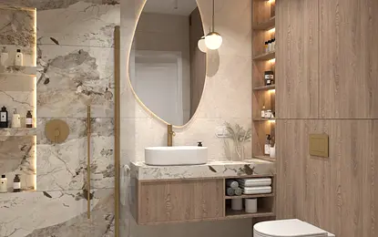Nowoczesna łazienka z drewnianymi meblami i marmurowymi ścianami
