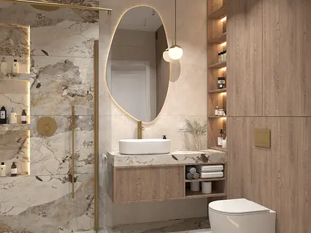 Nowoczesna łazienka z drewnianymi meblami i marmurowymi ścianami
