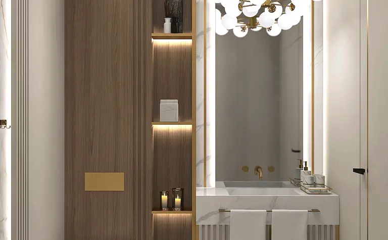 Nowoczesna łazienka z drewnianymi i złotymi detalami w stylu glamour i quiet luxury