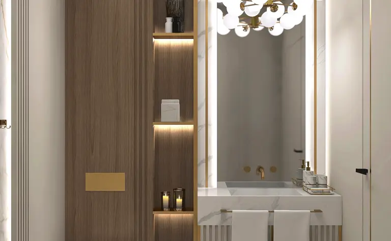 Nowoczesna łazienka z drewnianymi i złotymi detalami w stylu glamour i quiet luxury