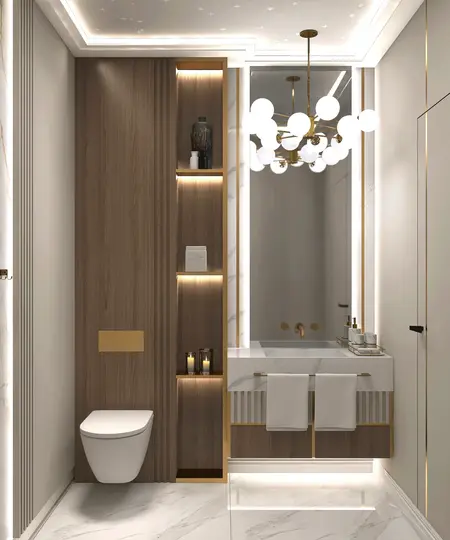 Nowoczesna łazienka z drewnianymi i złotymi detalami w stylu glamour i quiet luxury