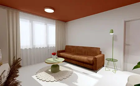 Współczesny salon z brązową sofą, zielonym stolikiem i jasnymi zasłonami.