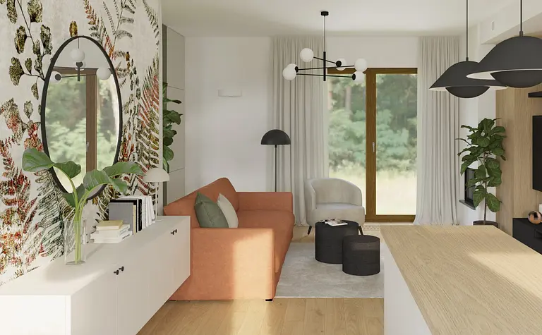 Wnętrze salonu z pomarańczową kanapą, roślinami i drewnianymi detalami w stylu dopamine decor i soft minimalizm.