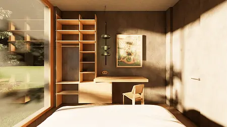 Wnętrze w stylu japandi z drewnianymi meblami i minimalistycznym oświetleniem.