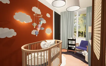 Pokój dziecięcy z eklektycznymi i skandynawskimi detalami, kolorowymi balonami i nowoczesnym oświetleniem.