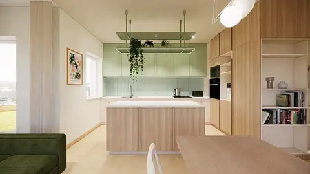 Nowoczesna kuchnia boho z zielonymi meblami i drewnianymi detalami.