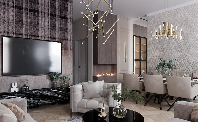 Wnętrze salonu w stylu eklektycznym z nowoczesnym oświetleniem.