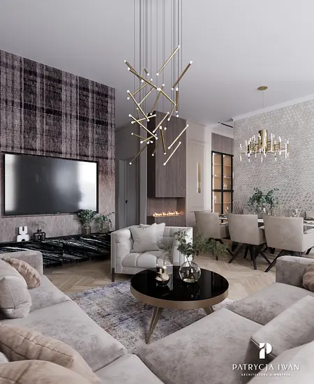 Wnętrze salonu w stylu eklektycznym z nowoczesnym oświetleniem.