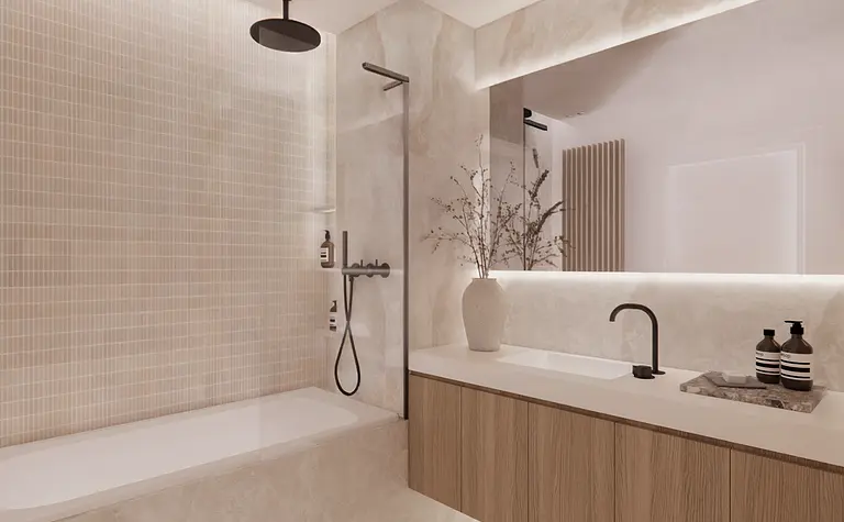Minimalistyczna łazienka z elementami quiet luxury i soft minimalizmu.