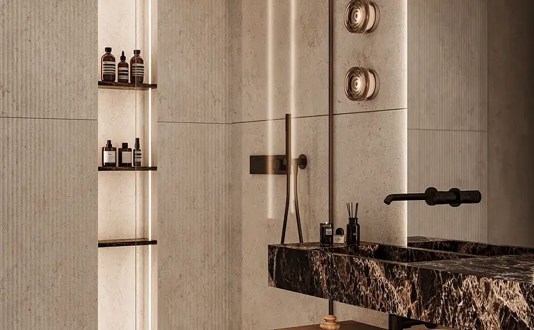 Nowoczesna łazienka z marmurowym blatem, drewnianymi detalami i stylowymi akcesoriami.