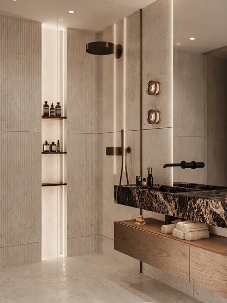 Nowoczesna łazienka z marmurowym blatem, drewnianymi detalami i stylowymi akcesoriami.