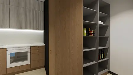 Wnętrze kuchni z drewnianymi meblami i nowoczesnymi akcesoriami.