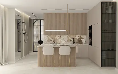 Wnętrze kuchni z nowoczesnymi elementami i marmurowym blatem w stylu quiet luxury.