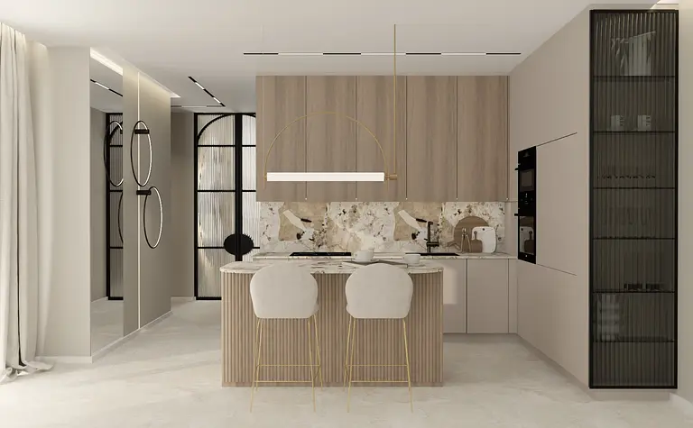 Wnętrze kuchni z nowoczesnymi elementami i marmurowym blatem w stylu quiet luxury.