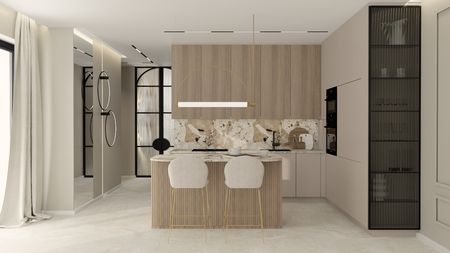 Wnętrze kuchni z nowoczesnymi elementami i marmurowym blatem w stylu quiet luxury.