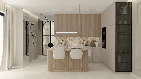Wnętrze kuchni z nowoczesnymi elementami i marmurowym blatem w stylu quiet luxury.