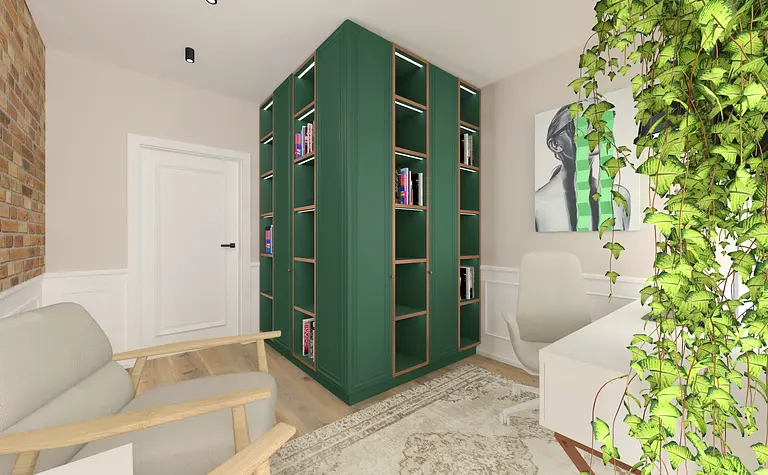 Gabinet z zieloną biblioteczką, roślinami i ceglaną ścianą